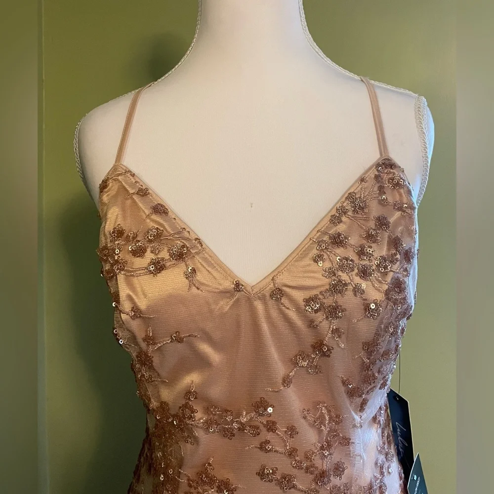 *PROM* Lulu's Blush Pink Embellished Satin Maxi Dress with Front Slit - Picture 6 of 9